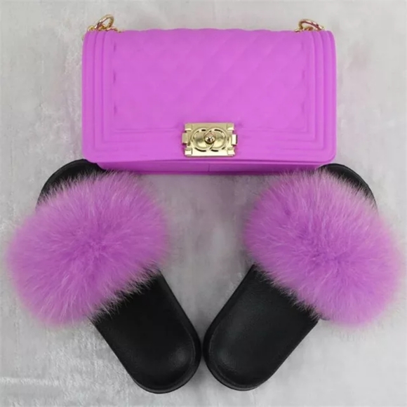 Shoes - Women Real Fox Fur Slippers &Crossbody Bag Set